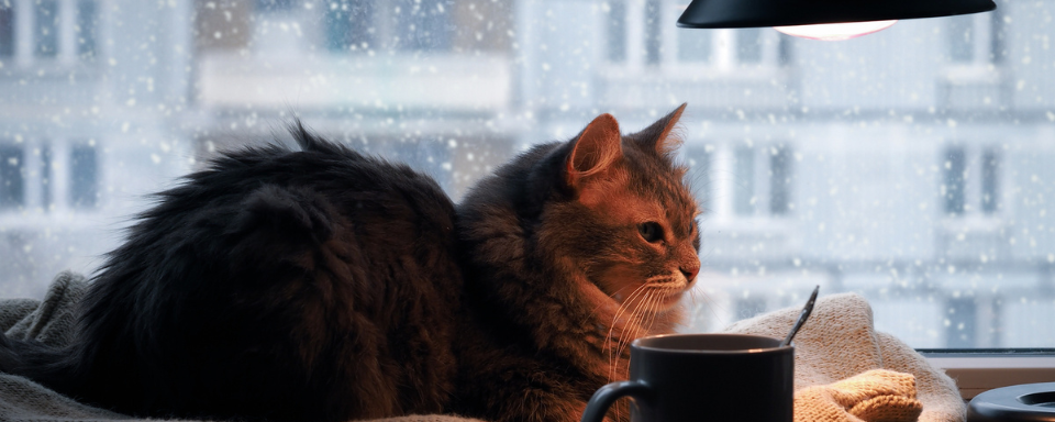 A cat sits under a lamp beside the window. It's raining outside.