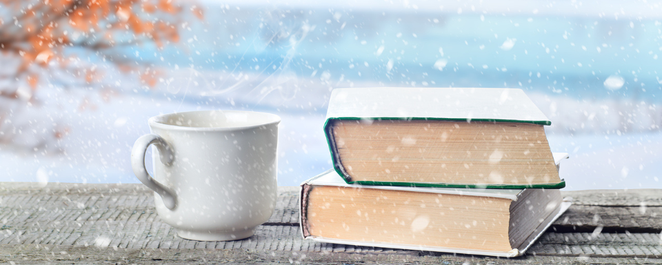 A pile of books and a mug rest on a wooden ledge in snowy weather.