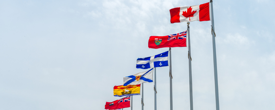 Drapeaux provinciaux et national du Canada sur les mâts, dans un ciel couvert.